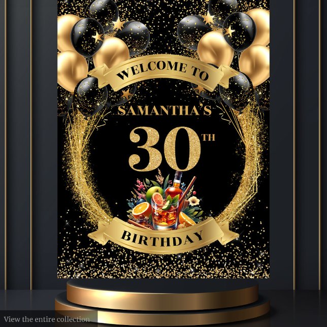 Stylish 30th Birthday Cocktail Whiskey Banner Tapestry (Stylish 30th Birthday Cocktail Whiskey Banner)