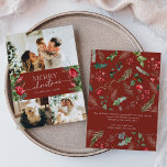 Stylish 3 Photo Burgundy Red Merry Christmas Holiday Card<br><div class="desc">This collection features watercolor red florals,  berries & winter greenery with modern & elegant typography,  with a winter botanical pattern back.</div>