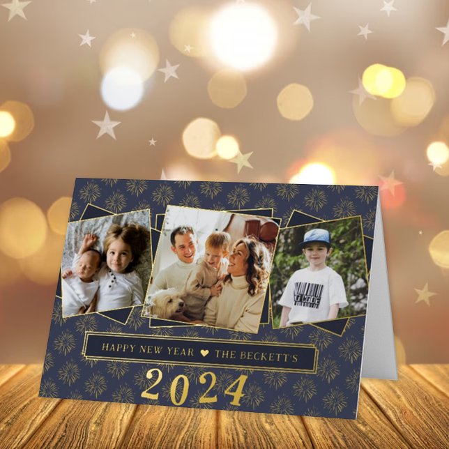 Stylish 3 Photo Collage Happy New Year! Real Foil Holiday Card (Creator Uploaded)