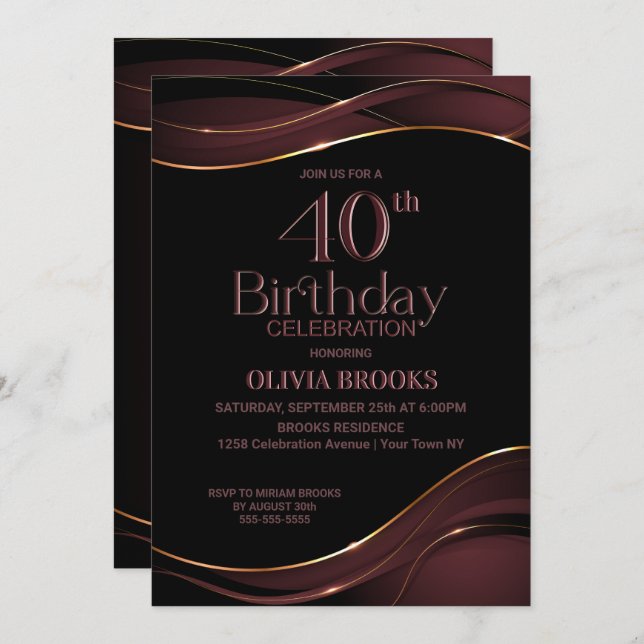 Stylish 40th Birthday Black and Pink Party Invitation (Front/Back)