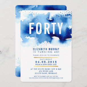 STYLISH 40TH birthday party INVITE watercolor blue
