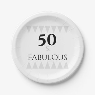 Stylish 50 & Fabulous Typography Silver Black  Paper Plate