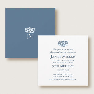 Stylish 50th Birthday Party Elegant Blue Ornate Invitation