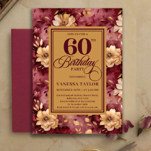 Stylish 60th Birthday Burgundy Blush Floral Gold   Invitation