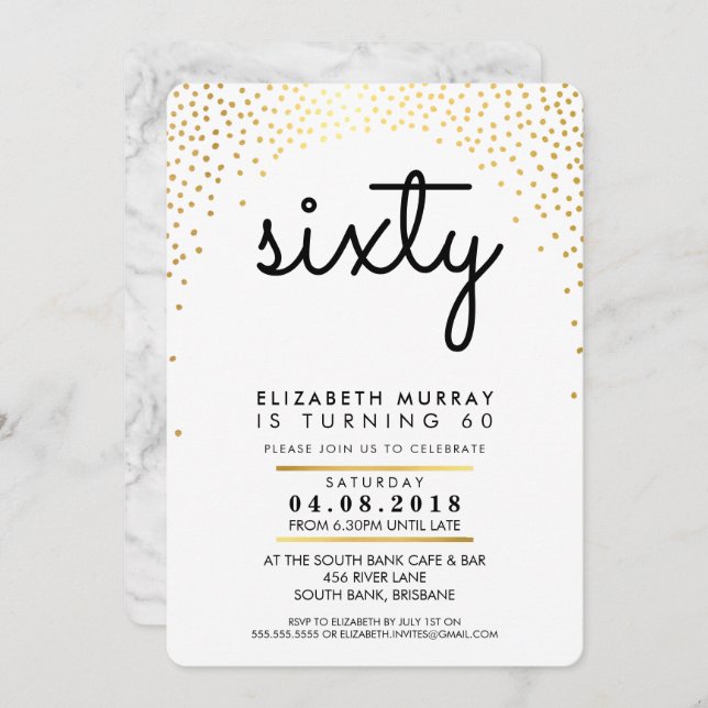 STYLISH 60TH birthday party INVITE gold confetti (Front/Back)