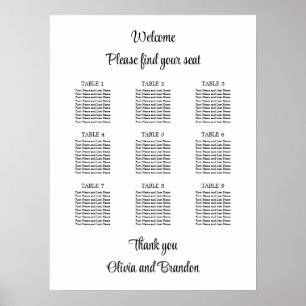 Stylish 9 Table Wedding Seating Chart Poster