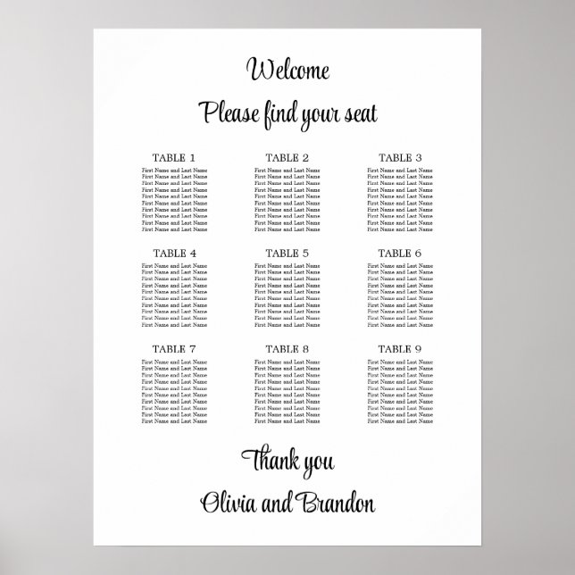 Stylish 9 Table Wedding Seating Chart Poster (Front)