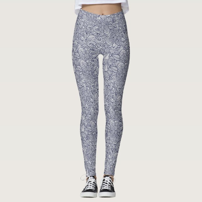 Stylish Abstract Botanical Pattern Blue/Grey Leggings (Front)