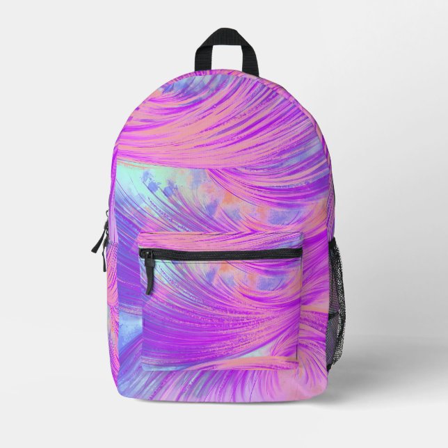 Stylish  Abstract Feathers Pink Purple Printed Backpack (Front)