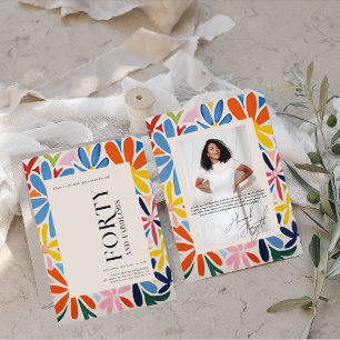 Stylish Abstract Floral   40th Birthday Photo Invitation