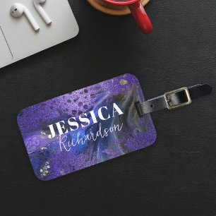 Stylish Abstract Purple Glitter Marble Fluid Art Luggage Tag