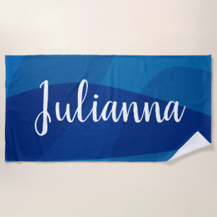 Stylish Abstract Shapes in Blue Personalised Name Beach Towel
