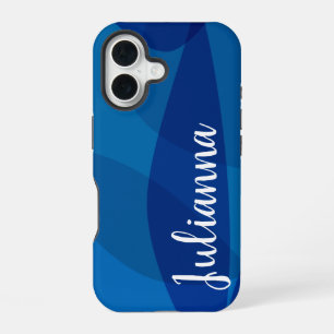 Stylish Abstract Shapes in Blue Personalised Name iPhone 16 Case