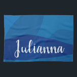 Stylish Abstract Shapes in Blue Personalised Name Tea Towel<br><div class="desc">Elevate your kitchen decor with this stylish minimalist modern kitchen towel, featuring simple organic circle shapes accented by beautiful gradients of blue. The clean and elegant design adds a contemporary touch to your kitchen, blending art with functionality. Personalise it with your name in elegant script lettering to create a unique...</div>