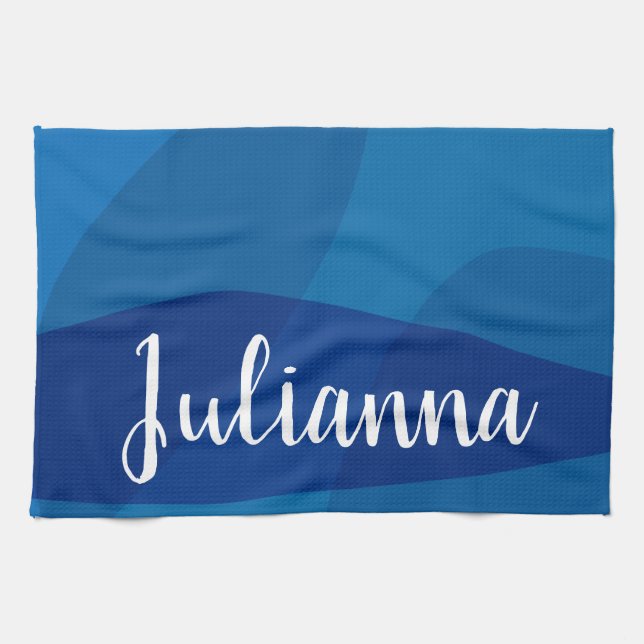Stylish Abstract Shapes in Blue Personalised Name Tea Towel (Horizontal)