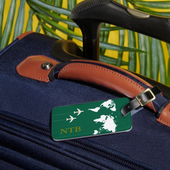 Stylish Aeroplane Traveller Monogrammed hunter-gre Luggage Tag (Front Insitu 3)