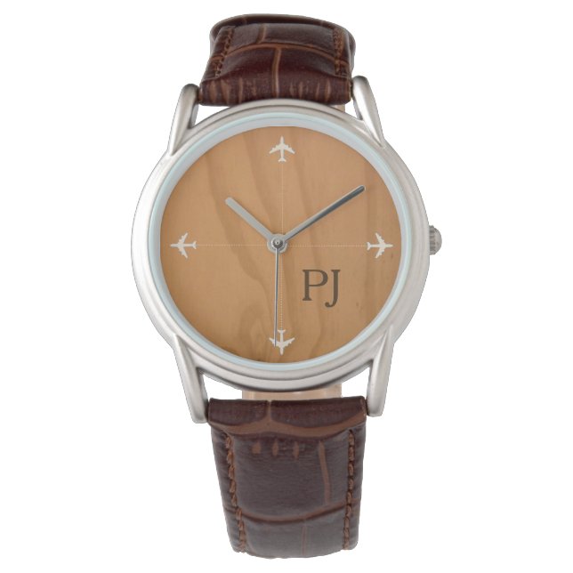 stylish aeroplanes with initials, brown watch (Front)