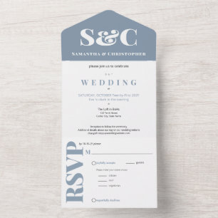 Stylish Affordable Ampersand Monogram Blue Wedding All In One Invitation