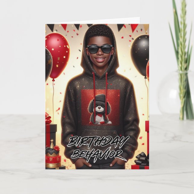 Stylish African American Boy Black/Red Birthday Card (Front)