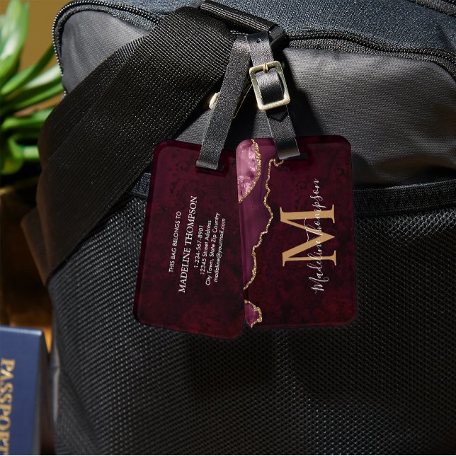Stylish Agate Geode Burgundy Monogram Luggage Tag (Creator Uploaded)