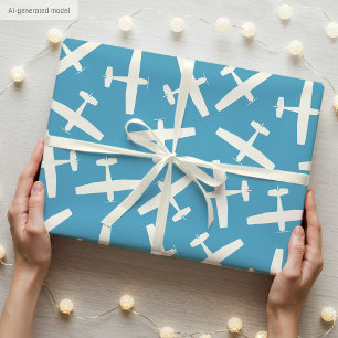 Stylish Aircraft Retro Plain Birthday Pattern Blue Wrapping Paper