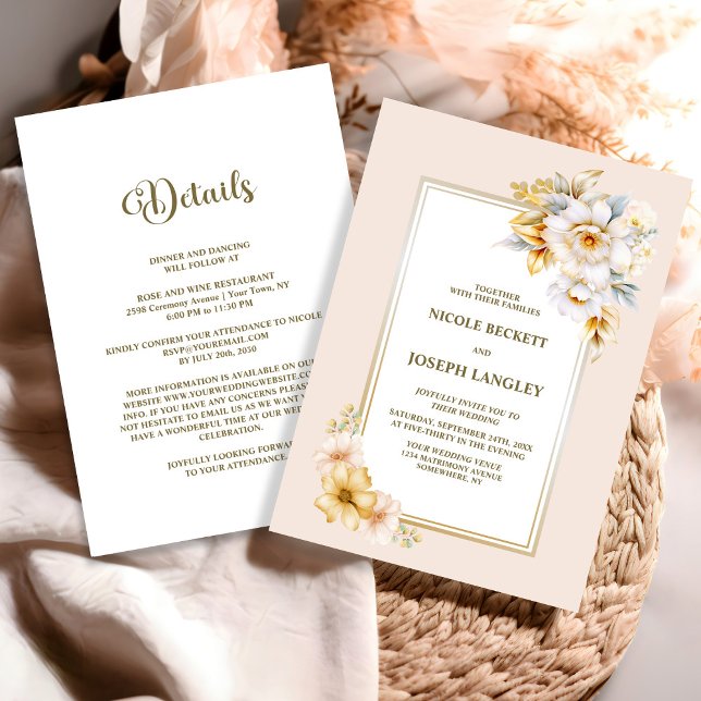 Stylish All In One White Gold Floral Wedding Invitation (Creator Uploaded)