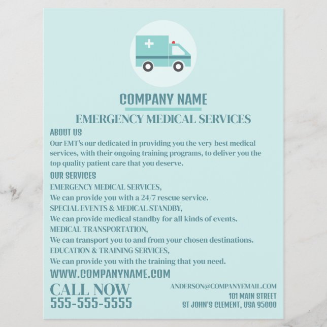 Stylish Ambulance Design, EMT, Paramedic Advert Flyer (Front)