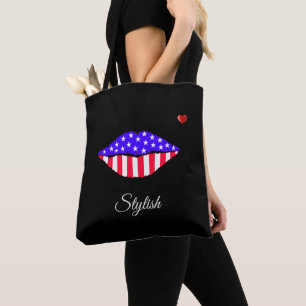 Stylish American flag lips & calligraphy on black Tote Bag