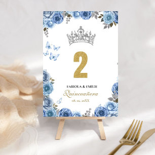 Stylish and chic dusty blue and  gold quinceanera  table number