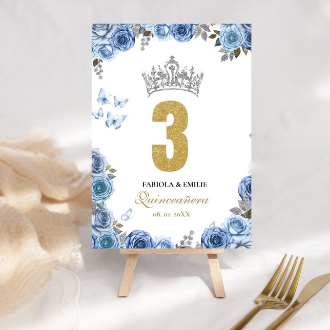 Stylish and chic dusty blue and  gold quinceanera  table number (Creator Uploaded)