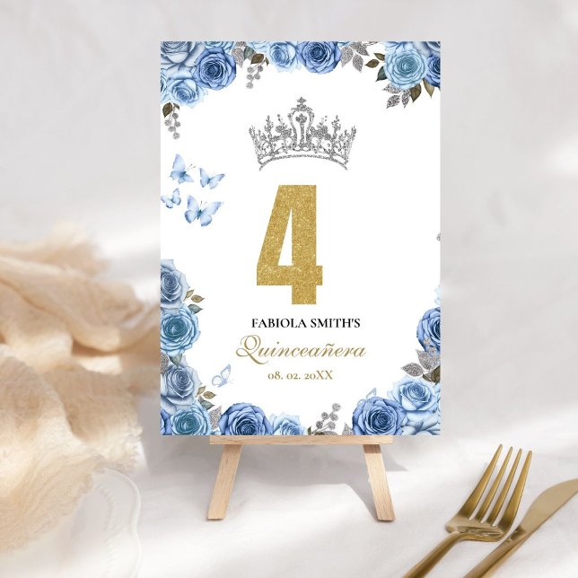 Stylish and chic dusty blue and  gold quinceanera  table number (Creator Uploaded)