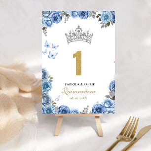 Stylish and chic dusty blue and  gold quinceanera  table number