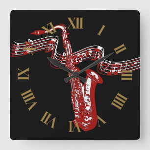 Stylish and Cool Red Saxophone Square Wall Clock