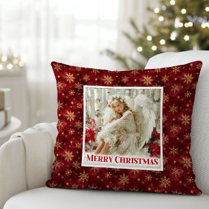 Stylish Angel Poinsettia Red Gold Accent Christmas Cushion
