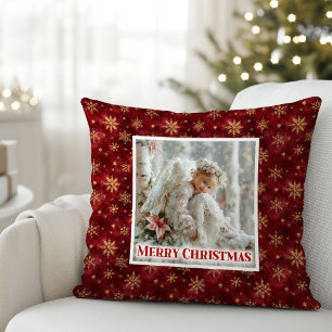 Stylish Angel Poinsettia Red Gold Custom Christmas Cushion