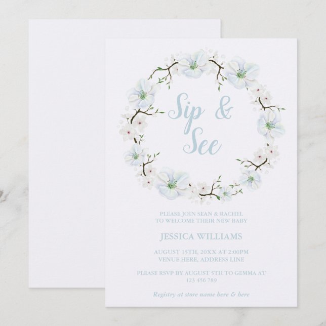 Stylish Apple Flower Wreath Sip & See Invitation (Front/Back)
