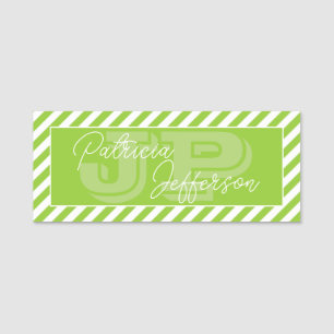 Stylish Apple Green White Striped: Unique Monogram Name Tag