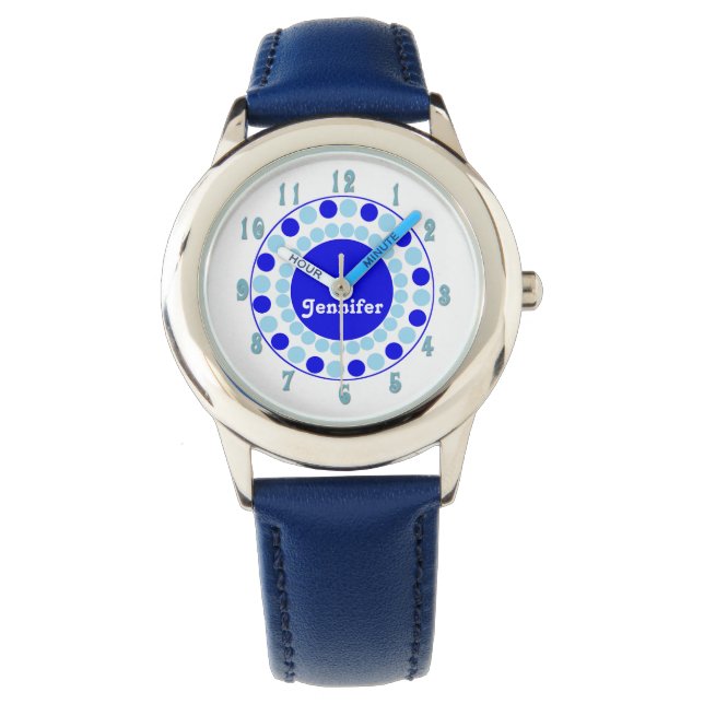 Stylish Aqua & Blue Dots Custom Wrist Watch (Front)