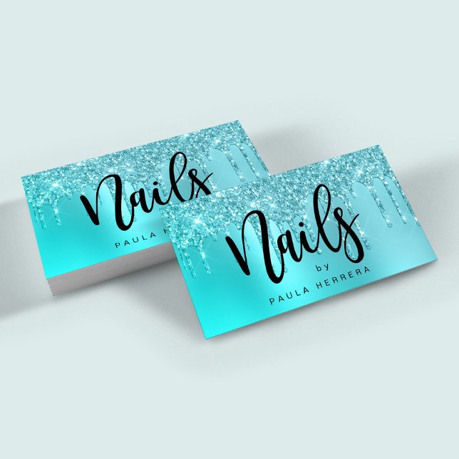 Stylish aqua blue mint glitter drips nails  business card (Creator Uploaded)