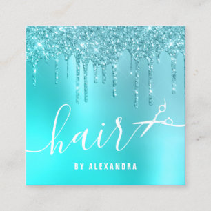Stylish aqua blue mint glitter drips scissors hair square business card