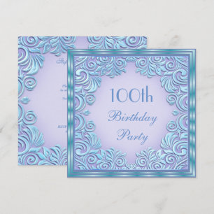 Stylish Aqua Foil Leaf Swirls 100th Birthday Invitation