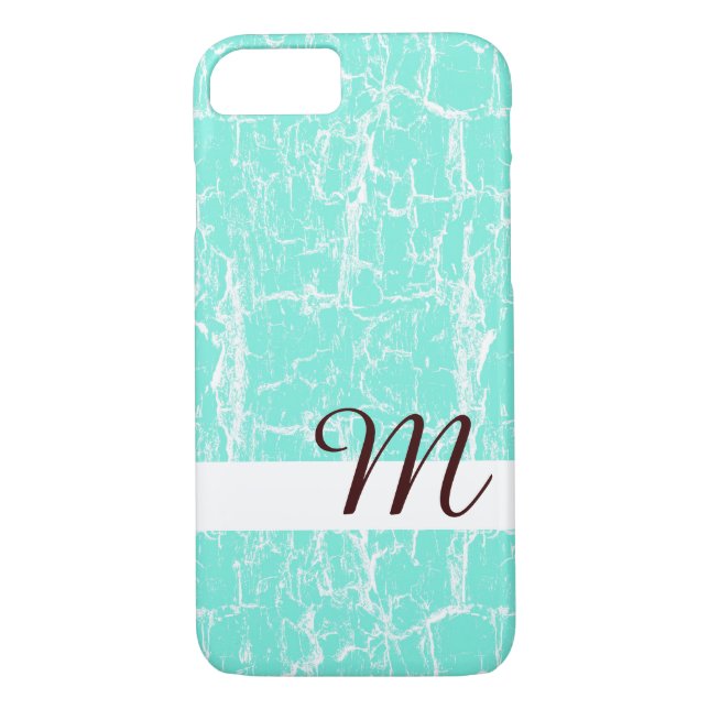 Stylish Aqua Mint Crackle With Monogram Initial Case-Mate iPhone Case (Back)