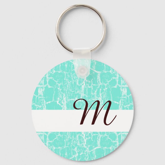 Stylish Aqua Mint Crackle With Monogram Initial Key Ring (Front)