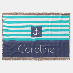 Stylish Aqua Navy Stripes Nautical Anchor Custom Throw Blanket