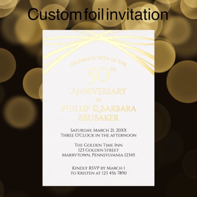 Stylish Arch Golden 50th Wedding Anniversary Party (Customize this invitation template for an elegant gold foil 50th anniversary party invitation)