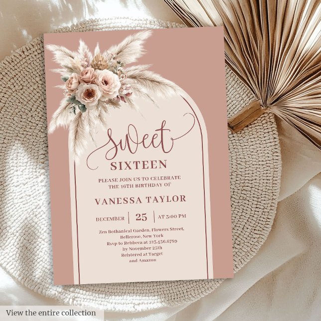 Stylish Arch Powder Pink Pampas Floral Boho 16th Invitation (Stylish Arch Powder Pink Pampas Floral Boho Sixteen

)
