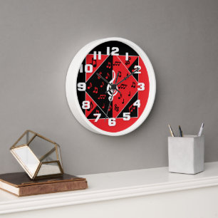 Stylish Art Deco Music Notes Red Black White Clock