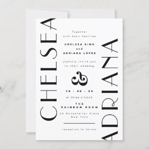 Stylish Art Deco Typography Black White Wedding Invitation