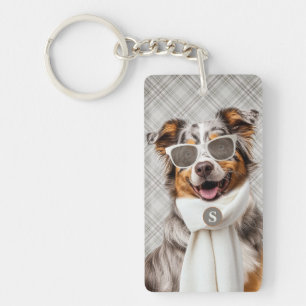 Stylish Australian Shepherd Dog and Plaid Monogram Key Ring