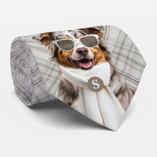Stylish Australian Shepherd Dog and Plaid Monogram Tie